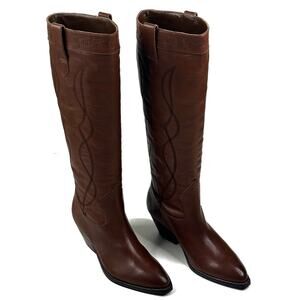 Marc Fisher LTD Edania Western Boot Brown Leather Womens 5.5M Knee High New $299
